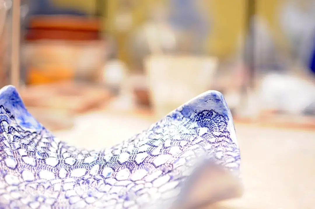 Close-up of broken white porcelain dishes and shattered ceramic shards scattered on a neutral surface.
