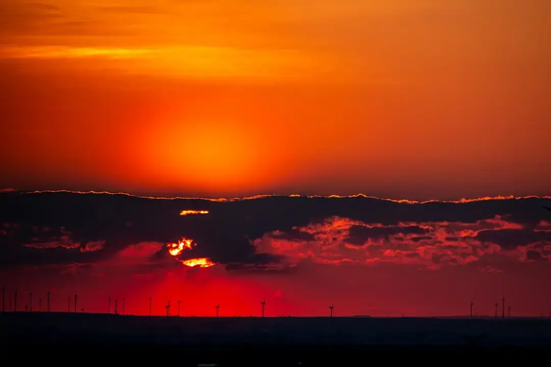 Modern wind turbines spinning on rolling green hills, representing clean renewable wind energy under a bright sky.