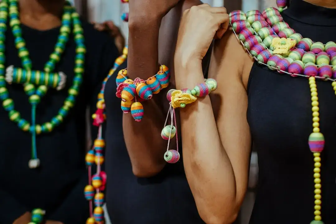 A vibrant and eco-friendly necklace handcrafted from colorful recycled cotton threads.