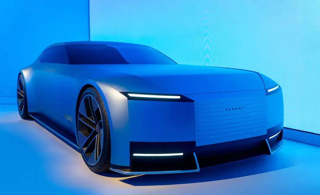 An autonomous self-driving car navigating a modern city highway with a futuristic dashboard display.