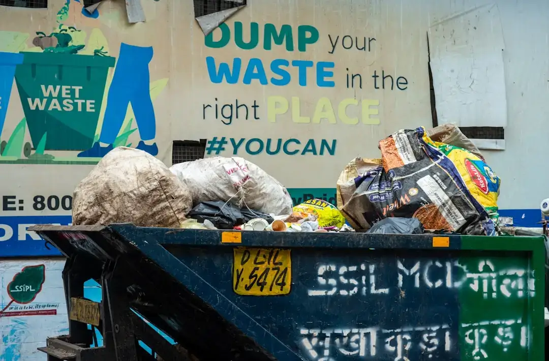 A clean street-side municipal waste collection point with organized recycling bins for community garbage disposal.