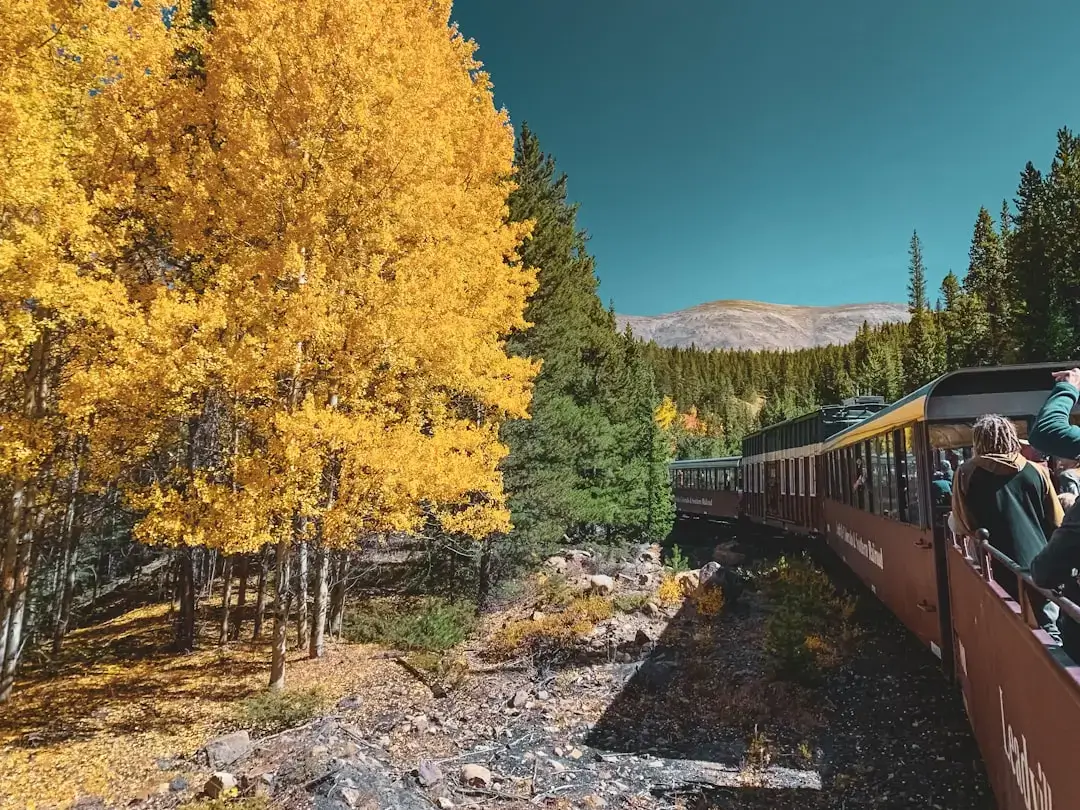 A red passenger train travels across a high bridge surrounded by majestic snow-capped mountains and pine forests.