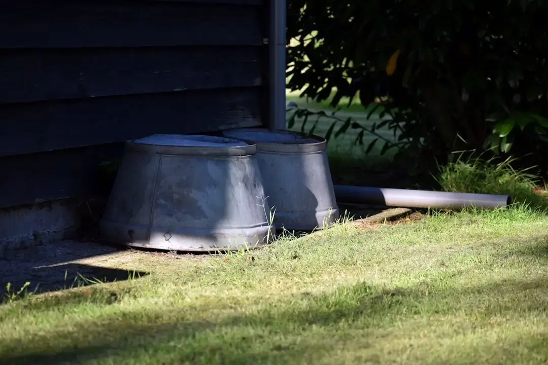 A large rainwater collector container placed next to a house wall in a lush green backyard garden.