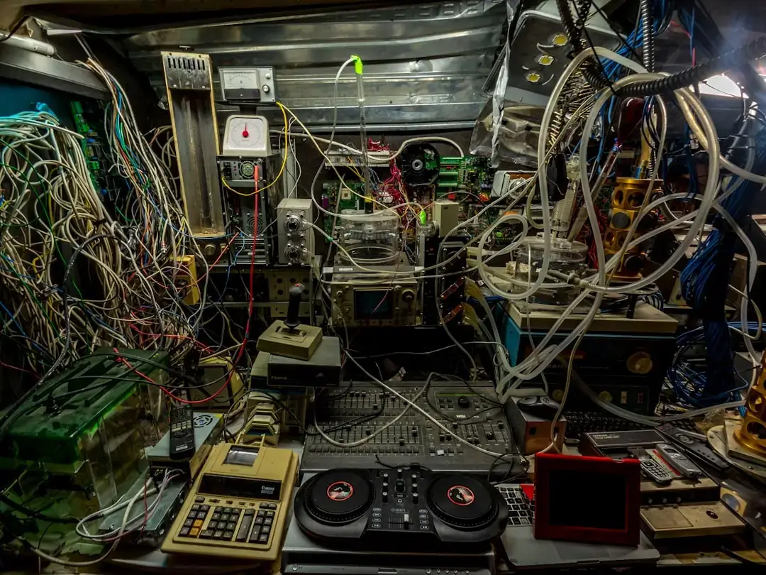 A complex pile of old tangled computer cables and colorful wires representing electronic clutter.