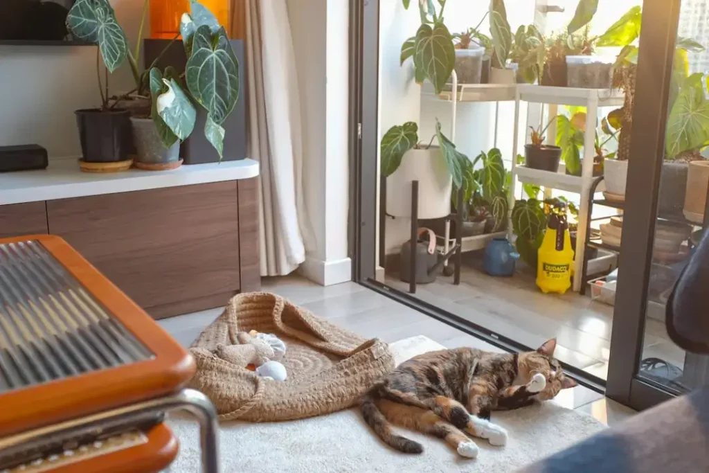 A cat laying on the floor in front of a sliding glass door