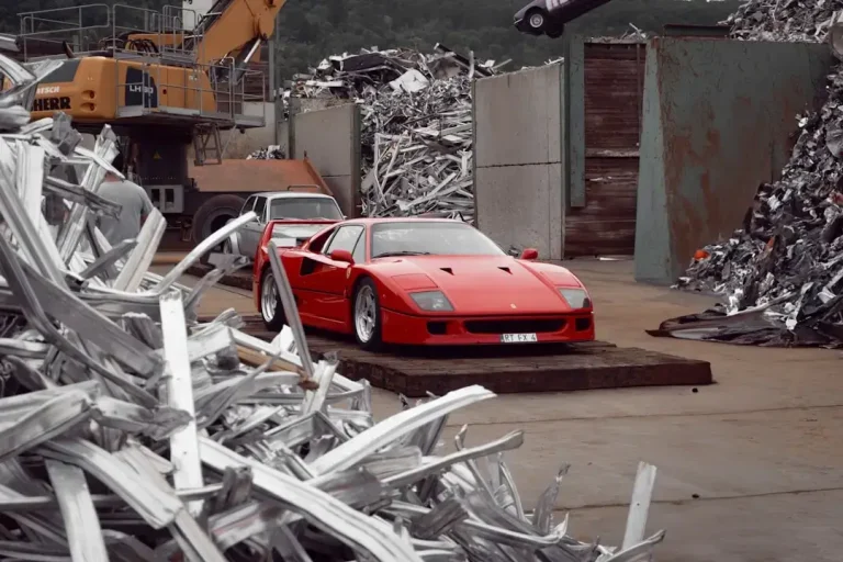 Red ferrari sports car in a junkyard.