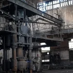 Old machinery sits in a derelict industrial building.