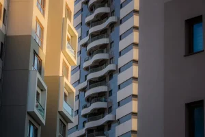 Modern apartment buildings with unique balcony designs