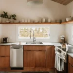 Modern kitchen with wooden cabinets and stainless steel appliances
