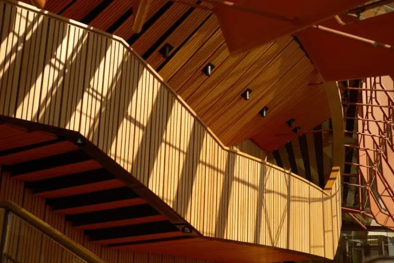 Close-up of sustainable cross laminated timber CLT panels used in modern mass timber building construction.