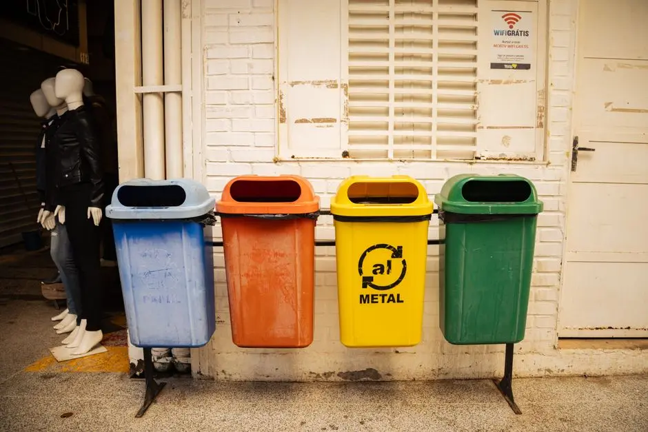 Cztery kolorowe pojemniki do recyklingu na różne materiały ustawione na ceglanej ścianie w miejskim otoczeniu.