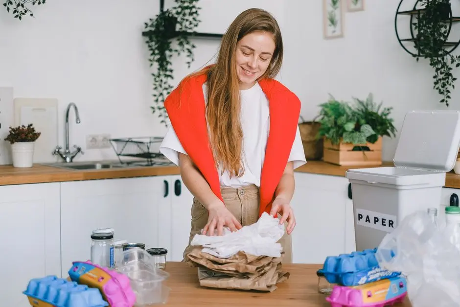 Kobieta sortuje odpady nadające się do recyklingu w kuchni; promuje ekologiczne nawyki.